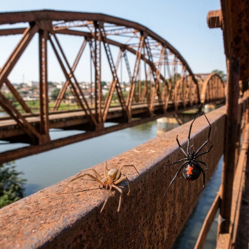 Aranha marrom e viúva negra com ponte de Barra Bonita ao fundo