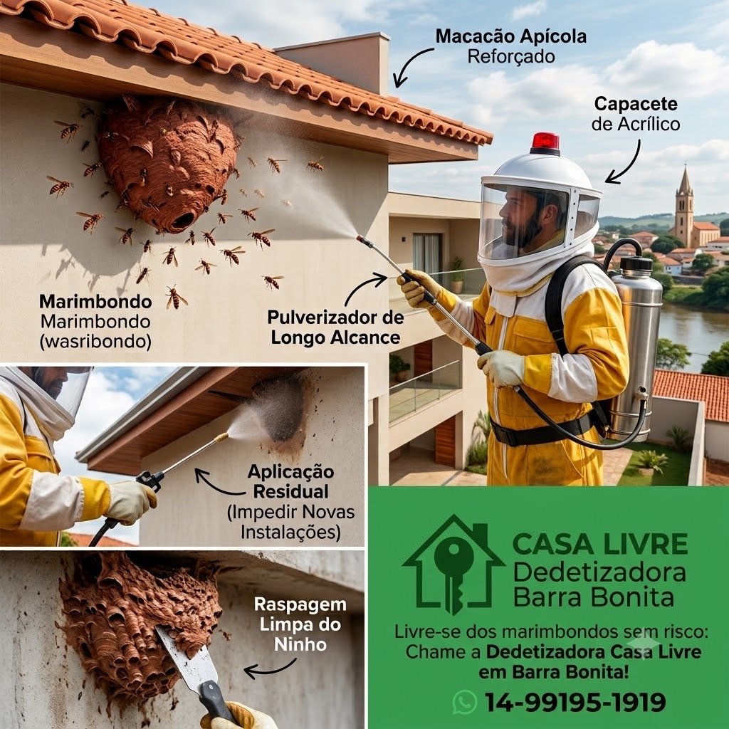 Como funciona o atendimento da Casa Livre em Barra Bonita - Infográfico de macacão reforçado, pulverizador, aplicação residual e raspagem do ninho