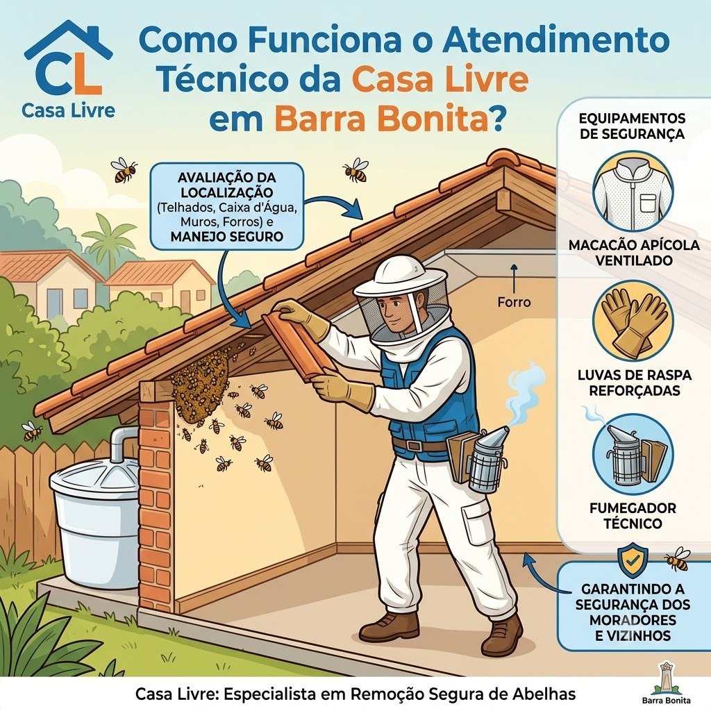 Como funciona o atendimento técnico da Casa Livre em Barra Bonita - Infográfico de segurança apícola