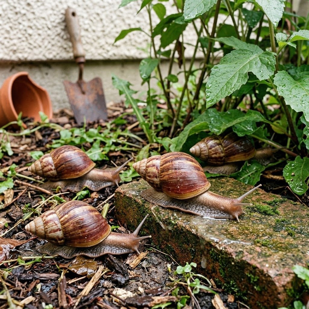 Caramujo africano transmite doenças em Barra Bonita - Caramujos gigantes Achatina fulica em jardim