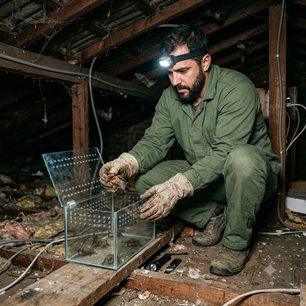 Como é feito o controle de morcegos em Barra Bonita - Técnico realizando manejo ecológico no forro