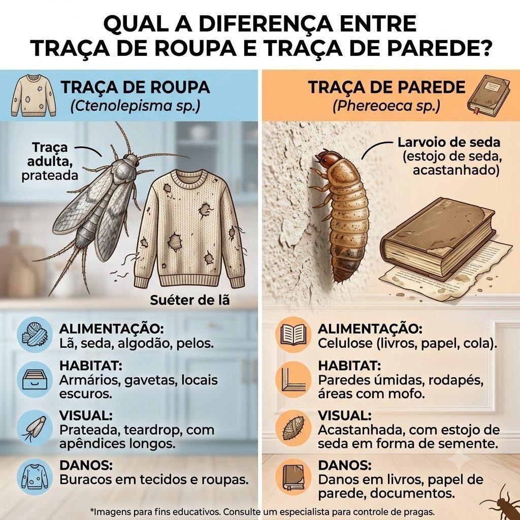 Qual a diferença entre traça de roupa e traça de parede - Infográfico comparativo