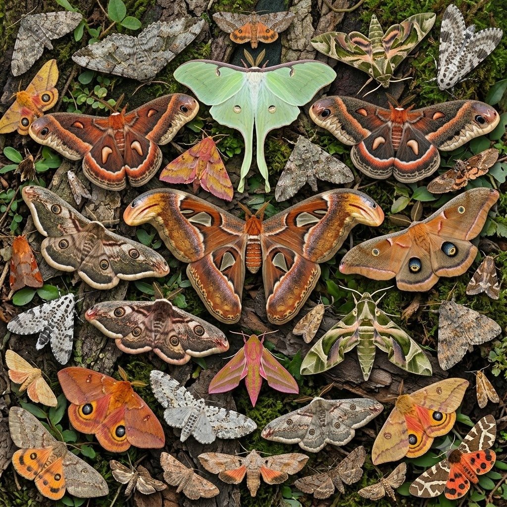 Coleção ilustrativa com diversas espécies de mariposas brasileiras