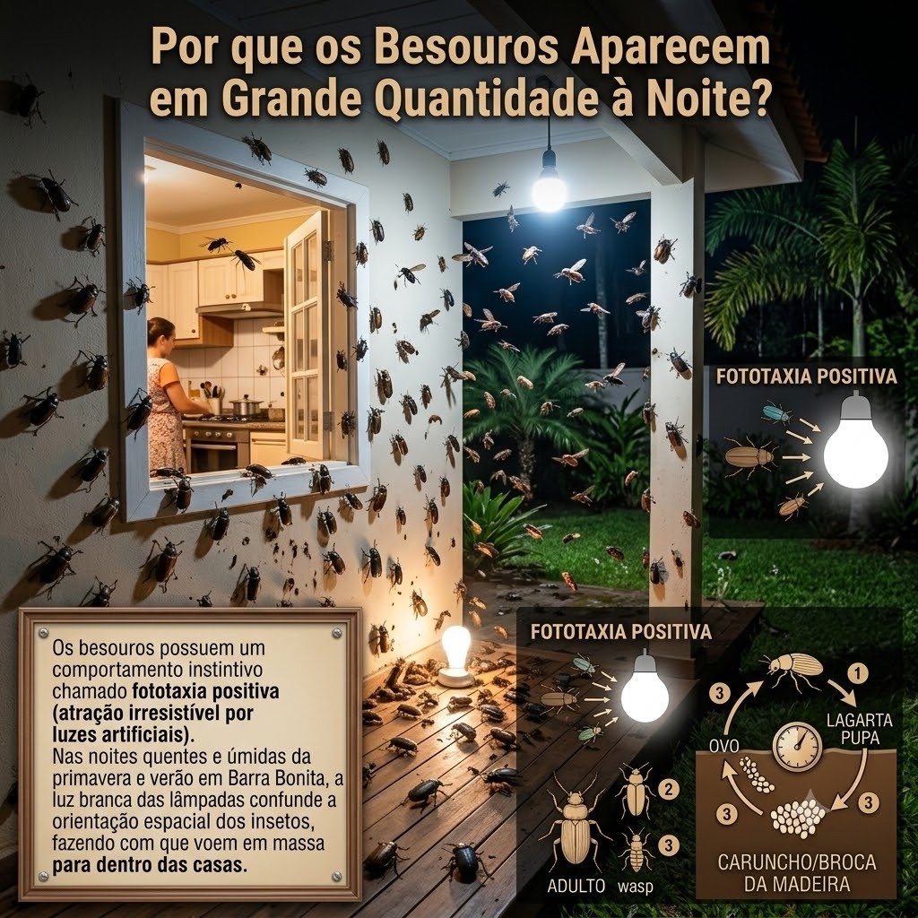 Por que os besouros aparecem em grande quantidade a noite em Barra Bonita - Infográfico de fototaxia positiva e atração por lâmpadas