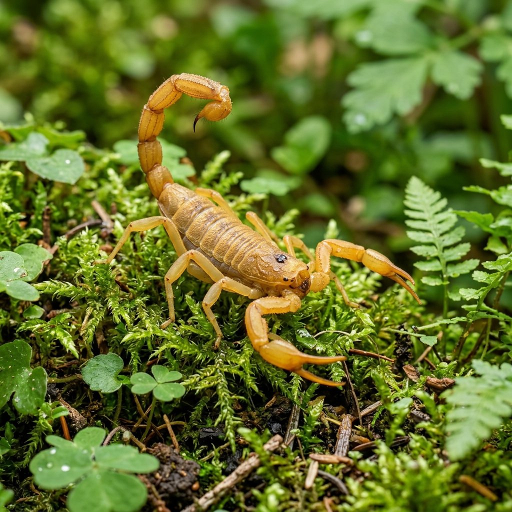 Foto real de Escorpião amarelo em ambiente verde