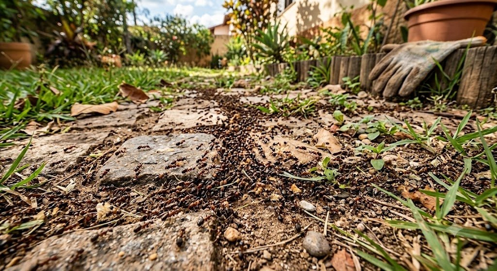 Trilha de formigas no jardim - Dedetização profissional em Barra Bonita