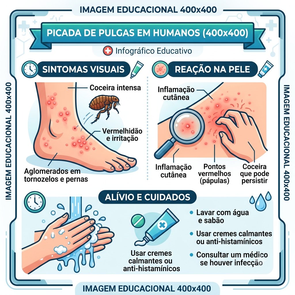 Infográfico ilustrado de sintomas e reação a picadas de pulgas em humanos