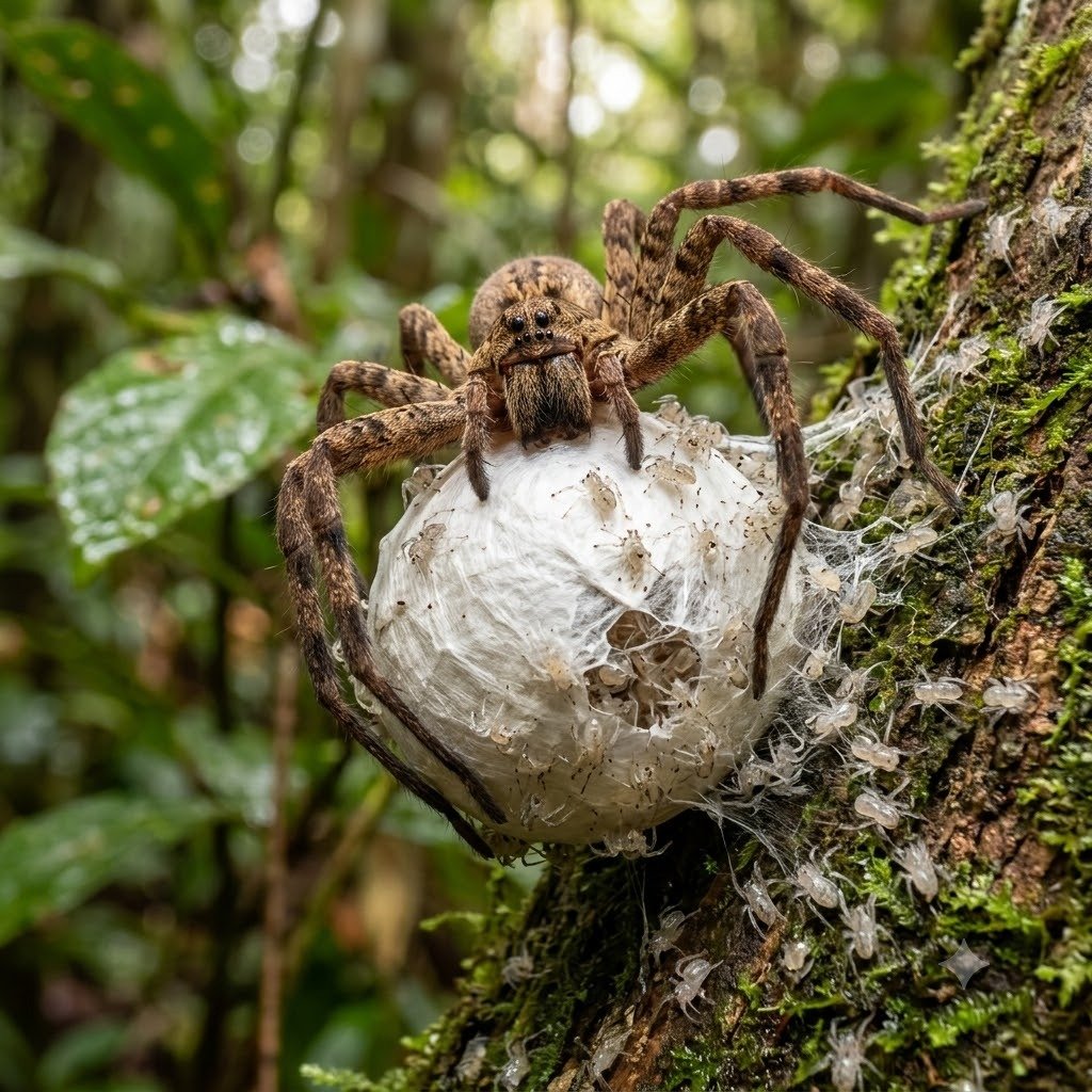 Aranha com ooteca saco de ovos e filhotes de aranhas em Barra Bonita