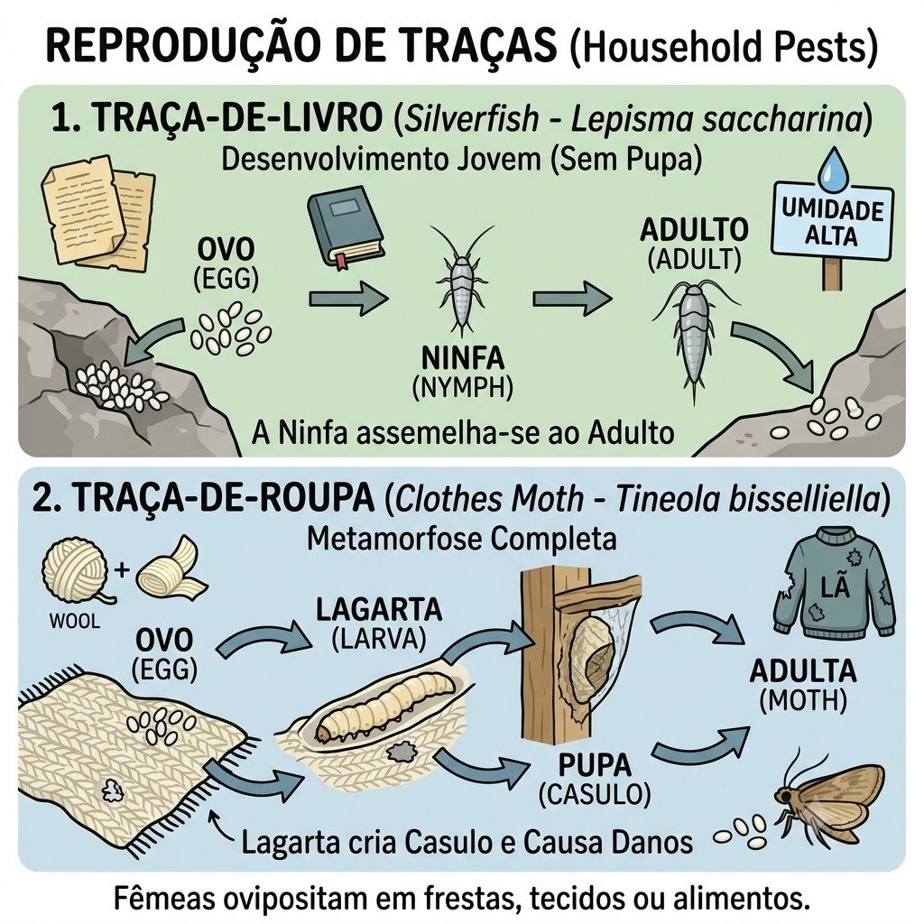 Como as traças se reproduzem em Barra Bonita - Infográfico ciclo de vida Traça-de-Livro e Traça-de-Roupa