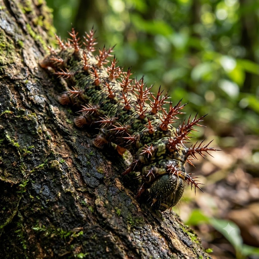 Lagarta taturana urticante com espetos urticantes no tronco de árvore alerta de risco de mariposas