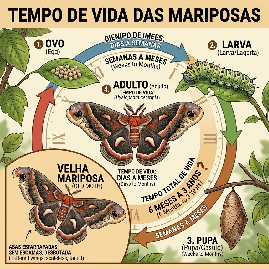 Infográfico ilustrado sobre o tempo de vida das mariposas em suas 4 fases biológicas